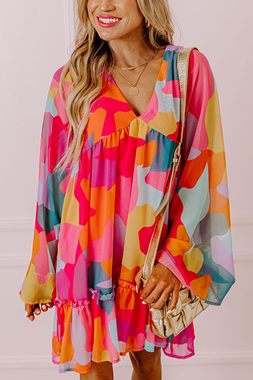 Effortless Laura Long Sleeve Mini Dress with Ruffle Hem and Color Block V Neck Statement Occasion Edit