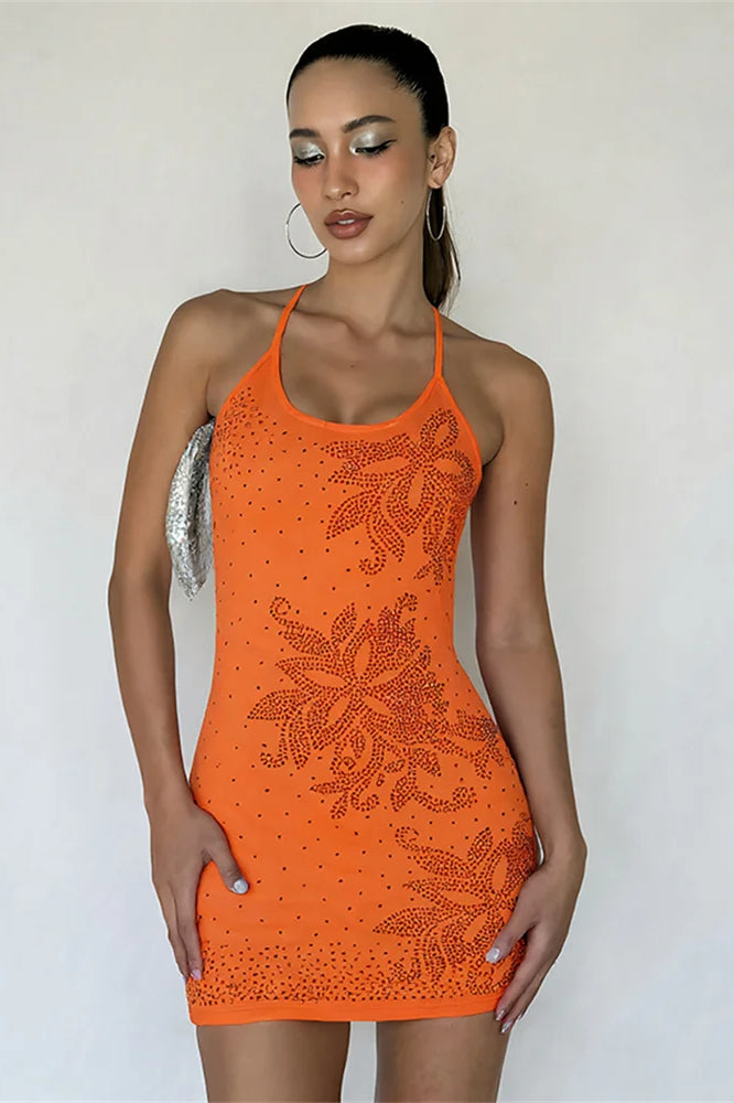 Flower Rhinestone Mini Dress