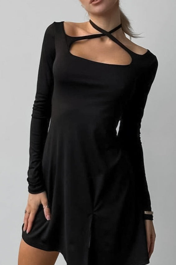 Knit Black Square Neck Mini Dress