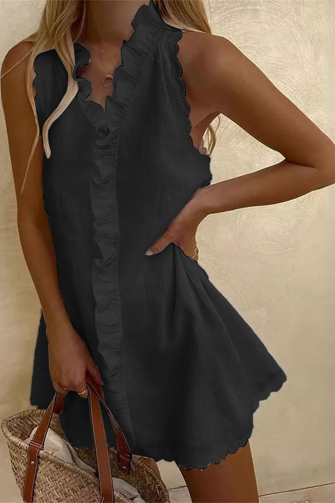 Neck V Ruffle Cotton Linen Mini Dress