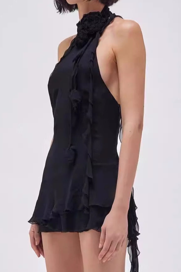Rose Asymmetric Halter Mini Dress
