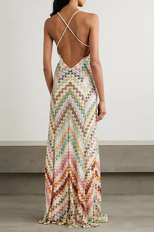 Contrast Color V neck Sleeveless Slim Maxi Dress