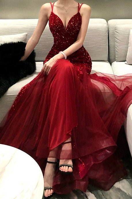 Chic Sequin Spaghetti Strap Evening Prom Dress