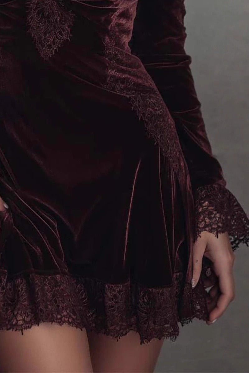 Lace Velvet Trim Mini Dress