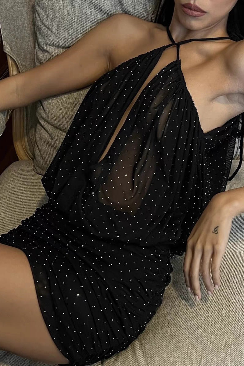 Rhinestone Halter Ruched Mini Dress