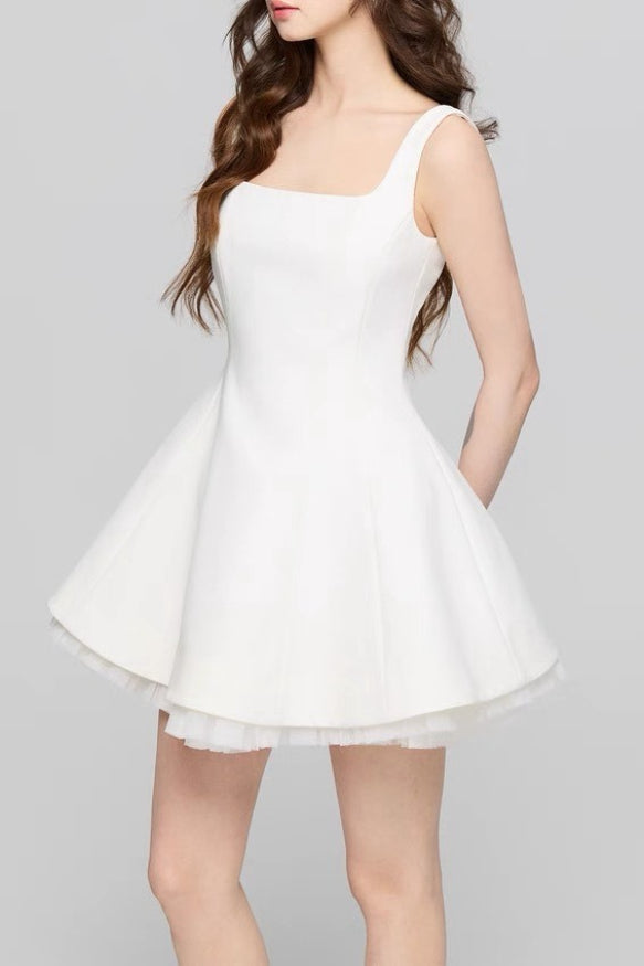 Neck Square Mesh Panel Mini Dress