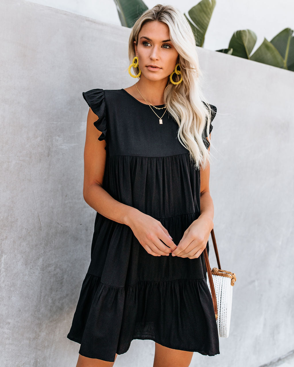 Coast East Pocketed Tiered Babydoll Dress Black