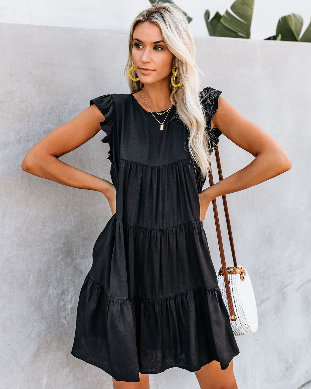 Coast East Pocketed Tiered Babydoll Dress Black