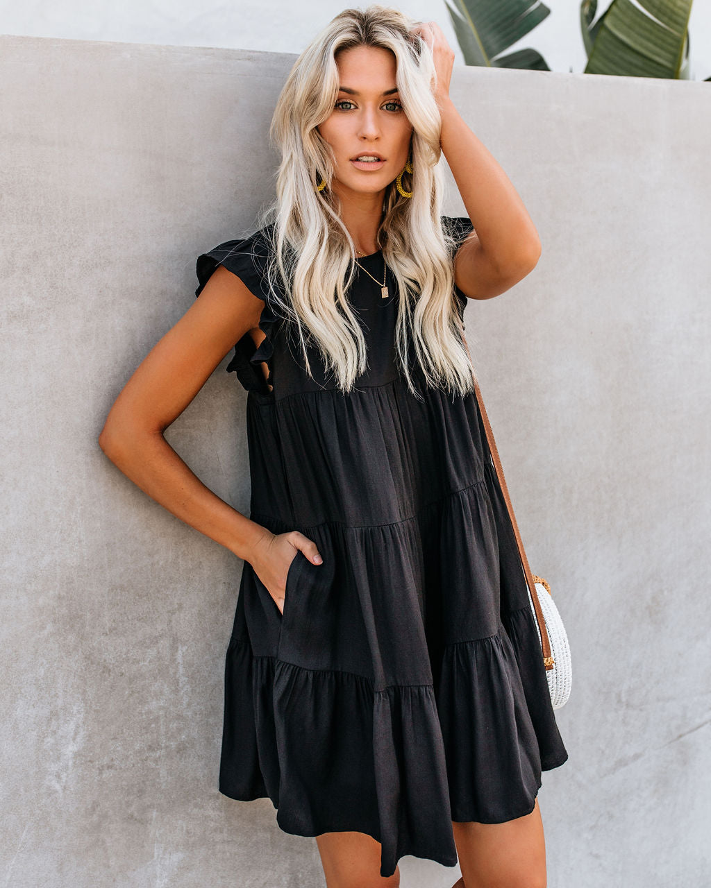 Coast East Pocketed Tiered Babydoll Dress Black