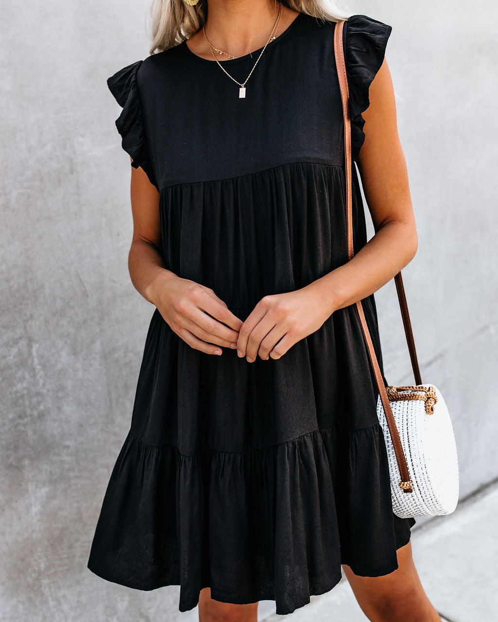 Coast East Pocketed Tiered Babydoll Dress Black