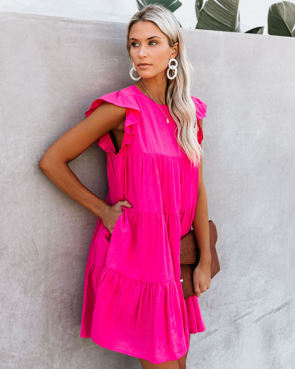 Coast East Pocketed Tiered Babydoll Dress Fuchsia