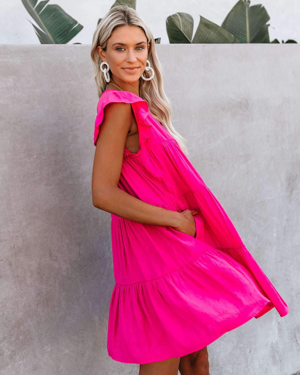 Coast East Pocketed Tiered Babydoll Dress Fuchsia