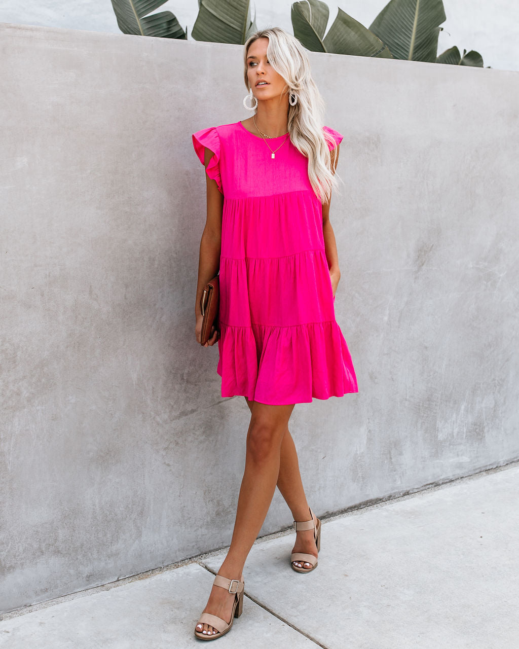 Coast East Pocketed Tiered Babydoll Dress Fuchsia