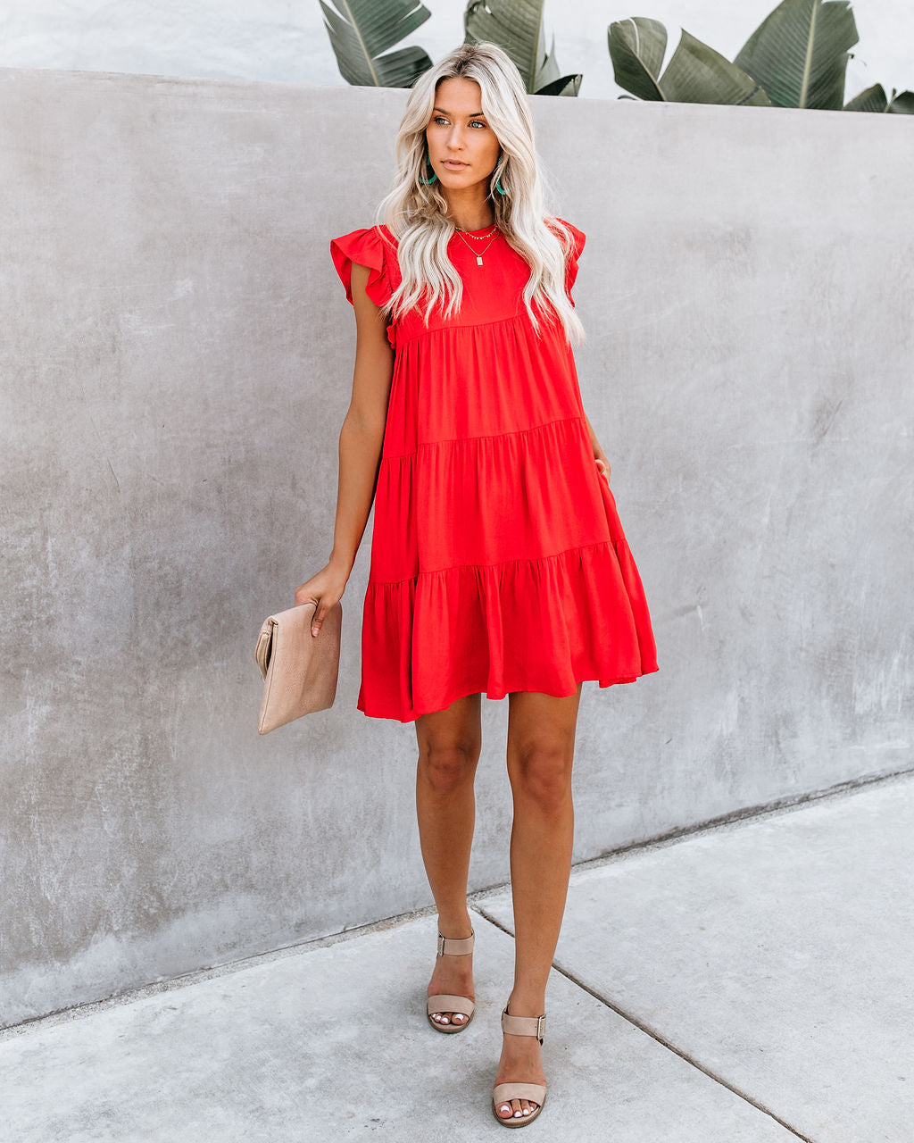 Coast East Pocketed Tiered Babydoll Dress Red
