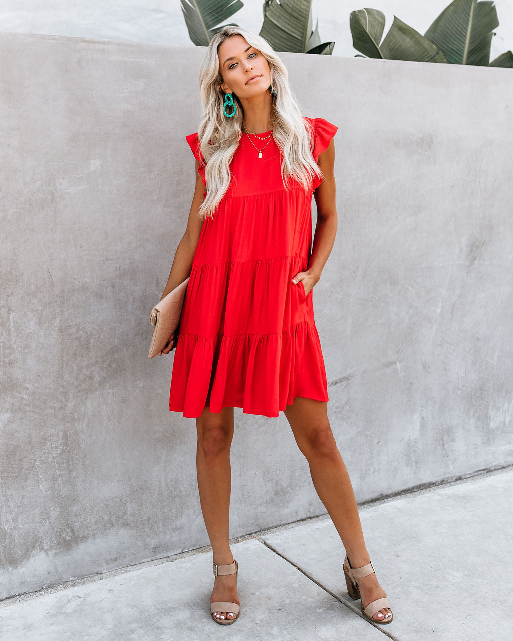 Coast East Pocketed Tiered Babydoll Dress Red