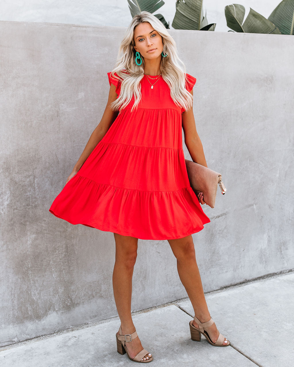 Coast East Pocketed Tiered Babydoll Dress Red