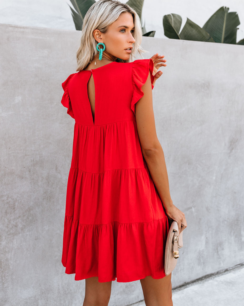 Coast East Pocketed Tiered Babydoll Dress Red