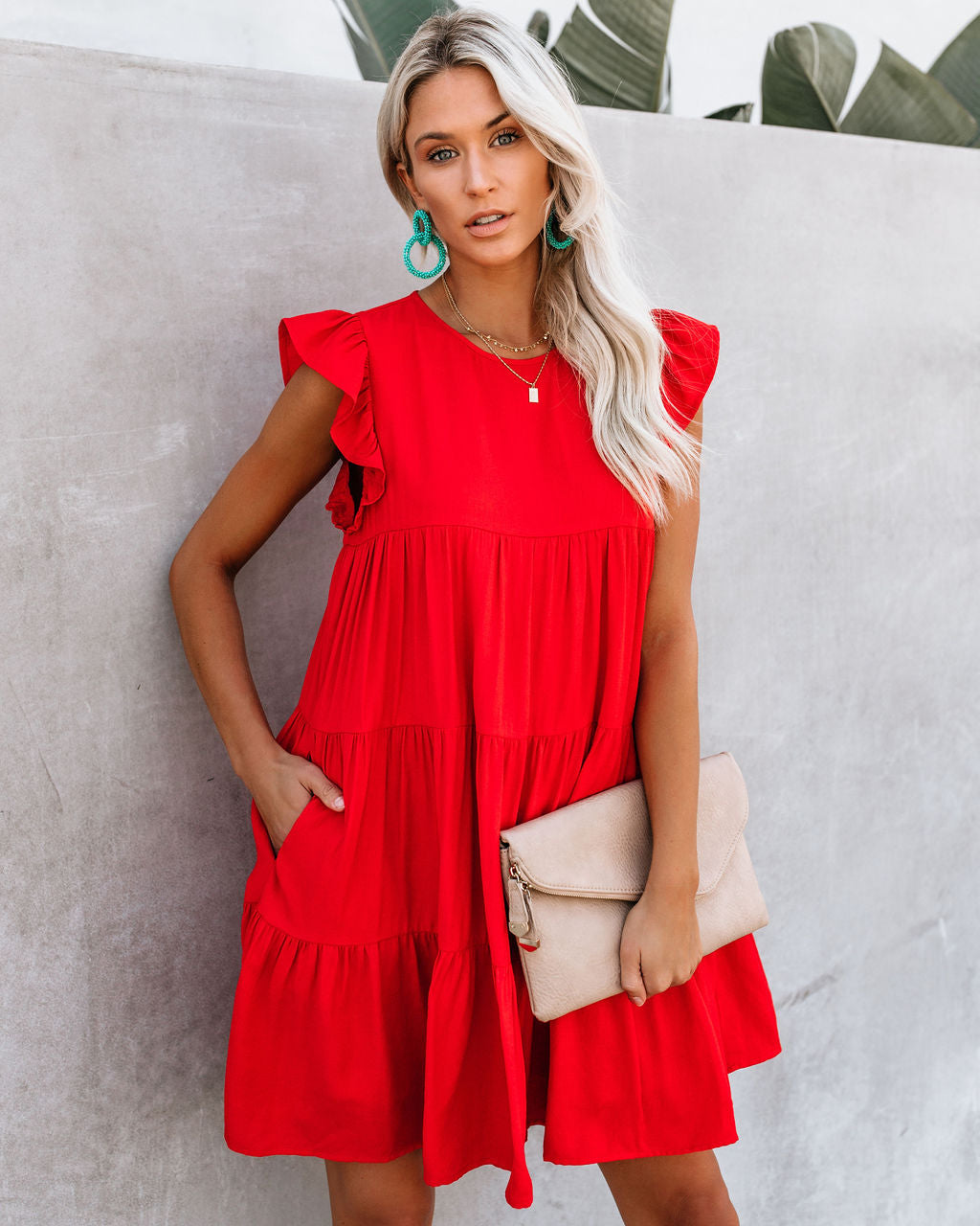 Coast East Pocketed Tiered Babydoll Dress Red