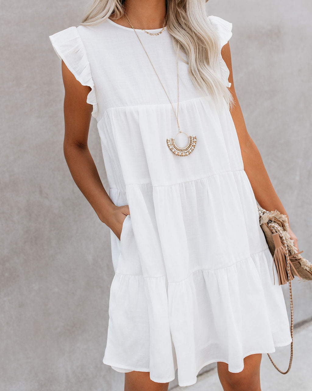 Coast East Pocketed Tiered Babydoll Dress White