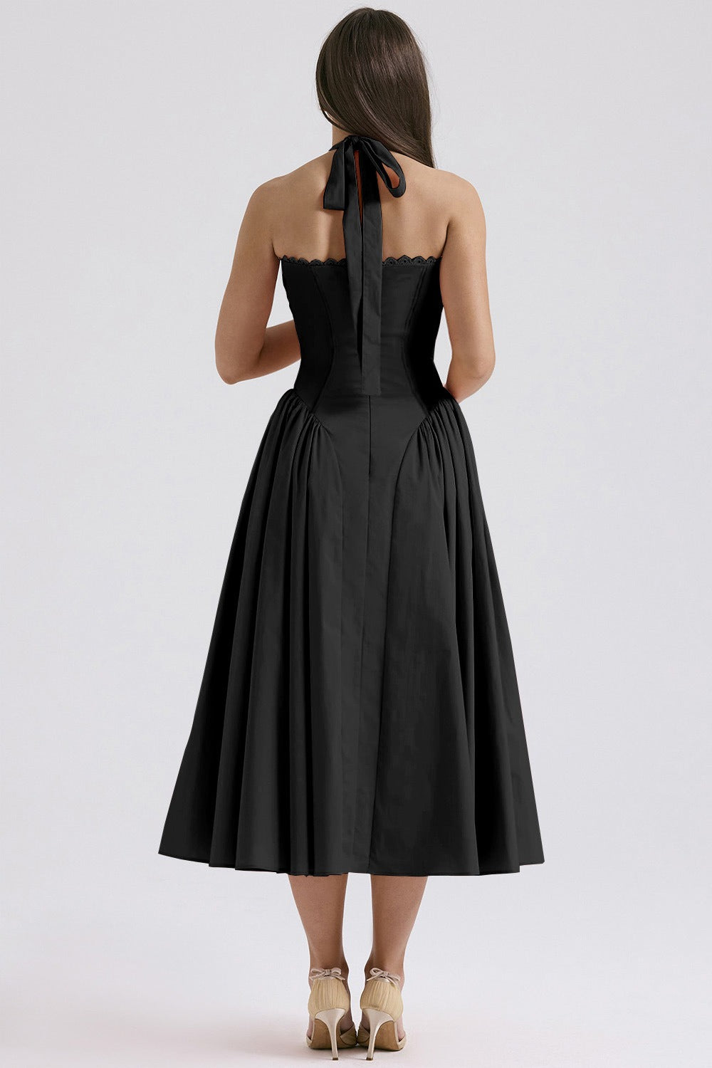 Flower Halter Lace Trim Long Sleeveless Prom Dress