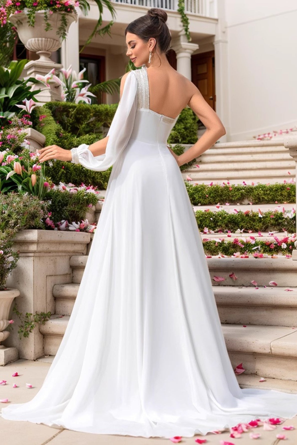 Asymmetric Gown Chiffon One Sleeved Prom Dress