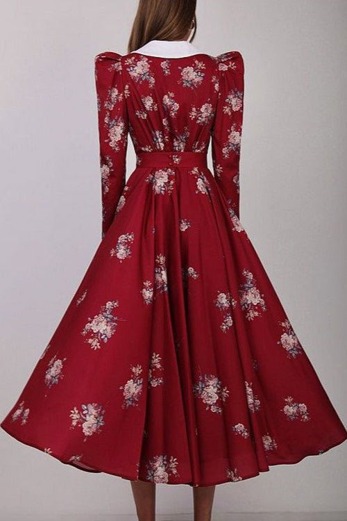 Flared Classic Print Slim Waist Floral Maxi Dress