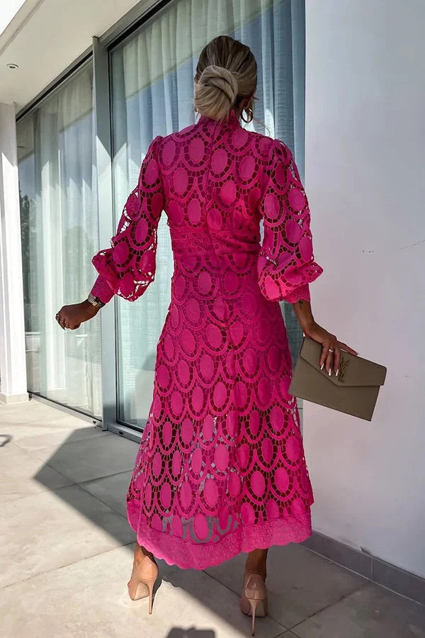 Premium Francisca Romantic, Sensual and Party Midi Dress with Crochet Lace and Lantern Sleeves Chic Silhouette Collection