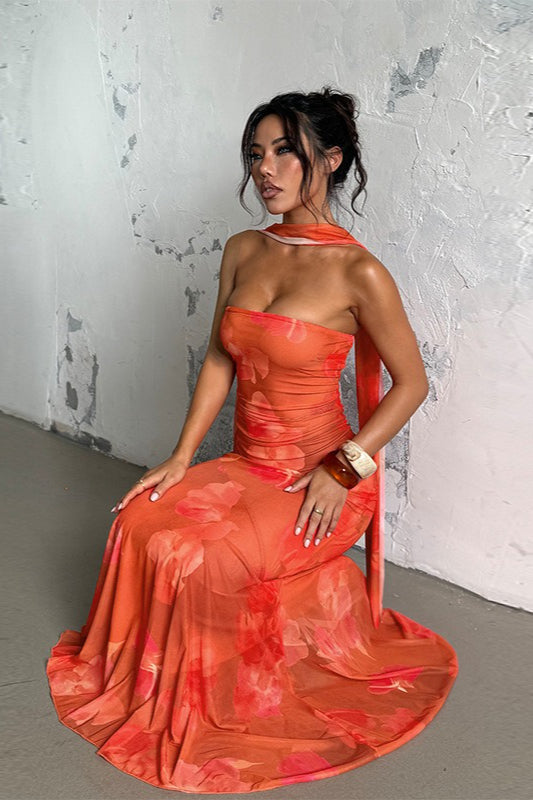 Glamorous Strapless Mesh Tie Detail Maxi Floral Dress