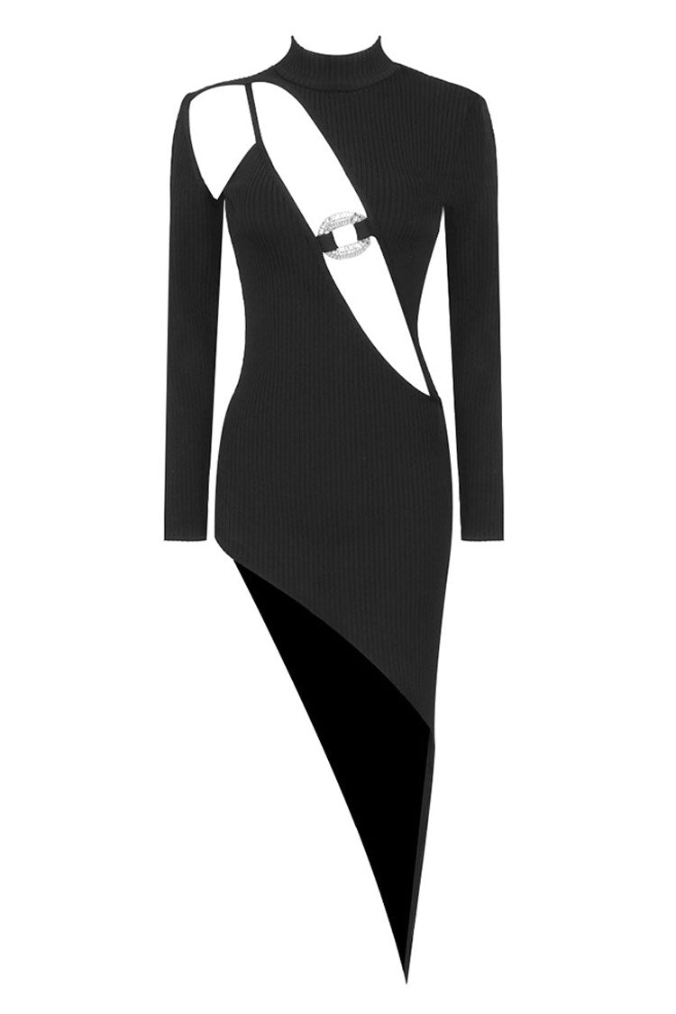Cutout Edge Crystal O Ring Long Sleeve Bodycon Bandage Knit Party Mini Dress - Black