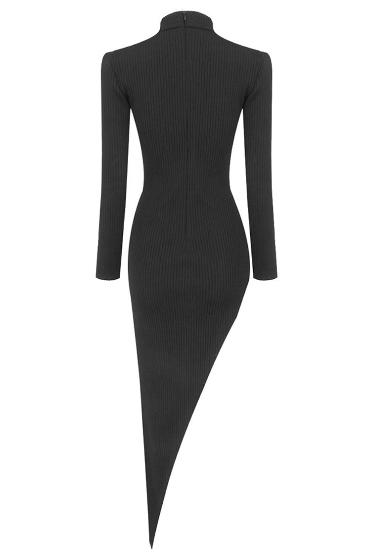 Cutout Edge Crystal O Ring Long Sleeve Bodycon Bandage Knit Party Mini Dress - Black