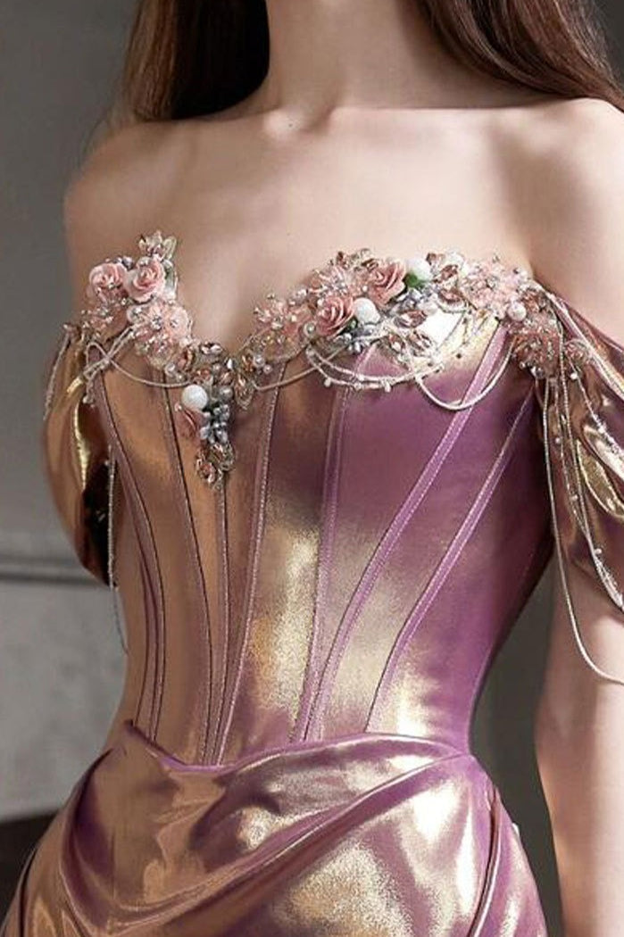 Off Shoulder Ruched Satin Graceful Prom Dress