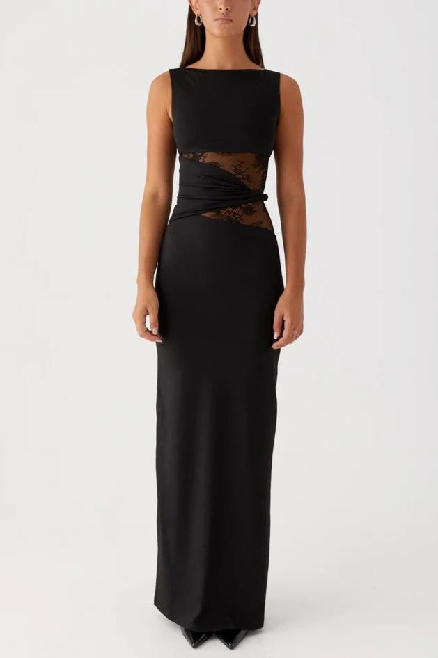 Shaped Sheer Lace Paneled Maxi Lace Dress
