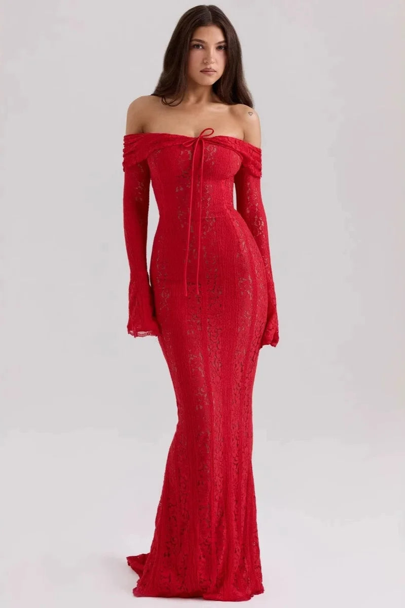 White Off Shoulder Long Sleeve Lace Maxi Dress