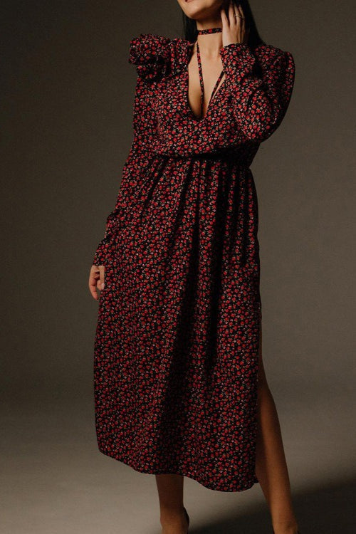 Side Slit Deep V Neck Tie Waist Floral Maxi Dress