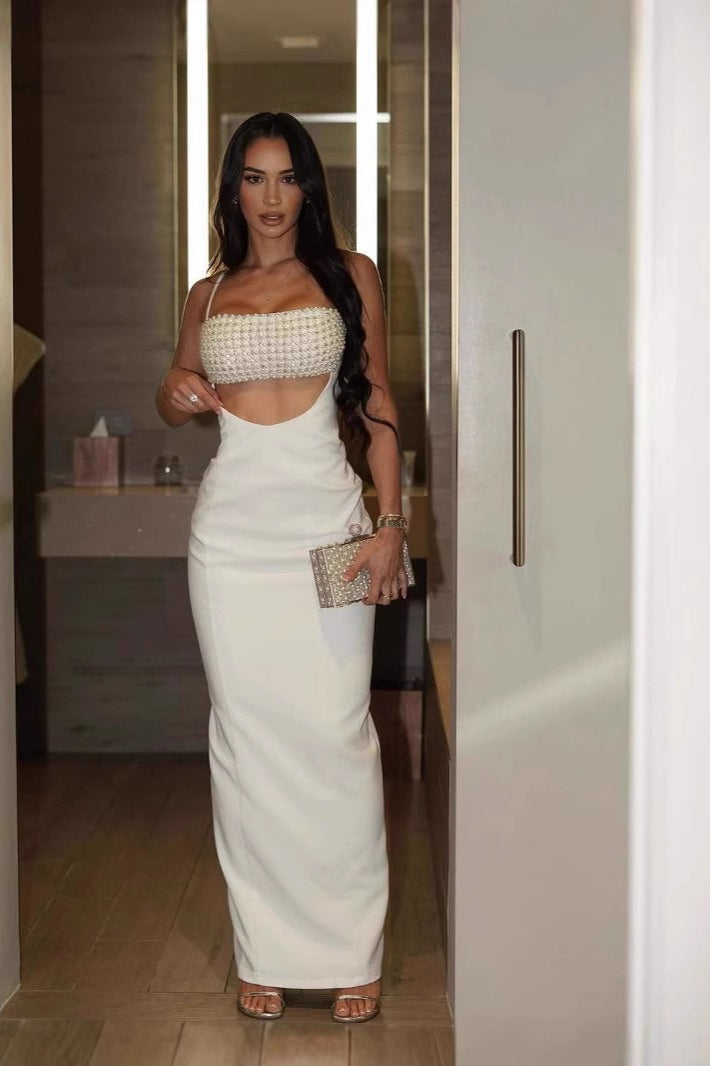 Backless Edition Spaghetti Strap Ruched Knit Maxi Sequin Dress