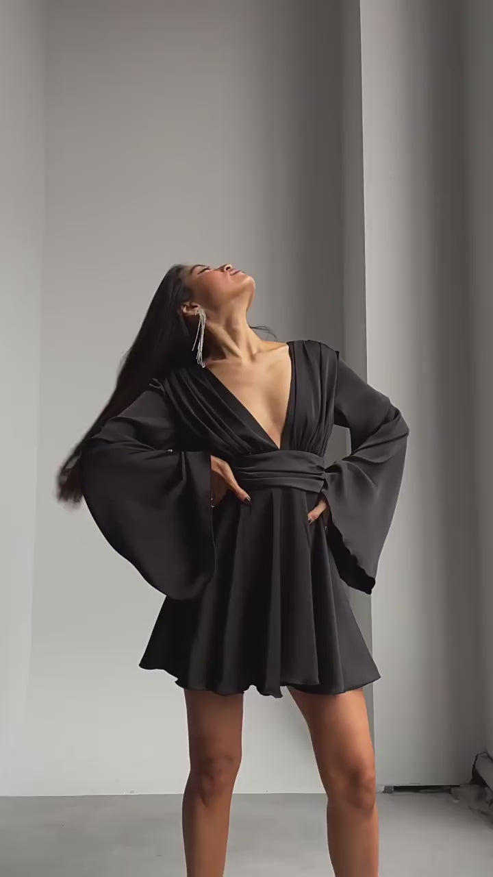 Satin Celeste Bell Sleeve Mini Dress