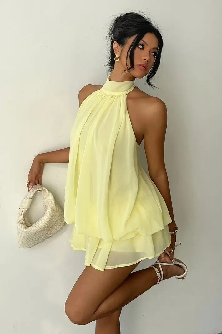 Alluring Backless Halter Tie Waist Slim Fit Ruffled Mini Dress