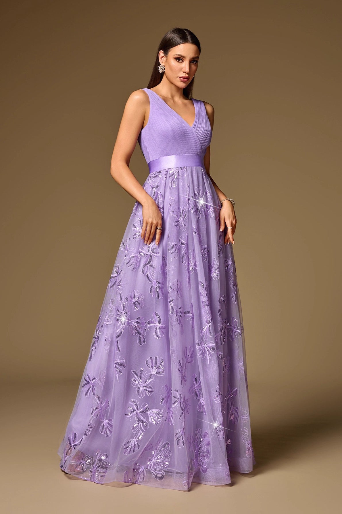 Double V Neck Short Sleeved Prom Dress