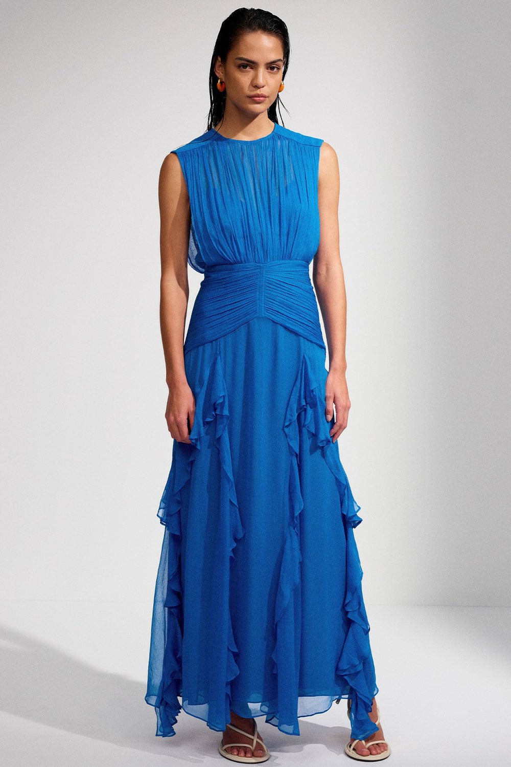 Reina Exclusive Pleated Round Neck Maxi Dress with Ruffles Boutique Edit