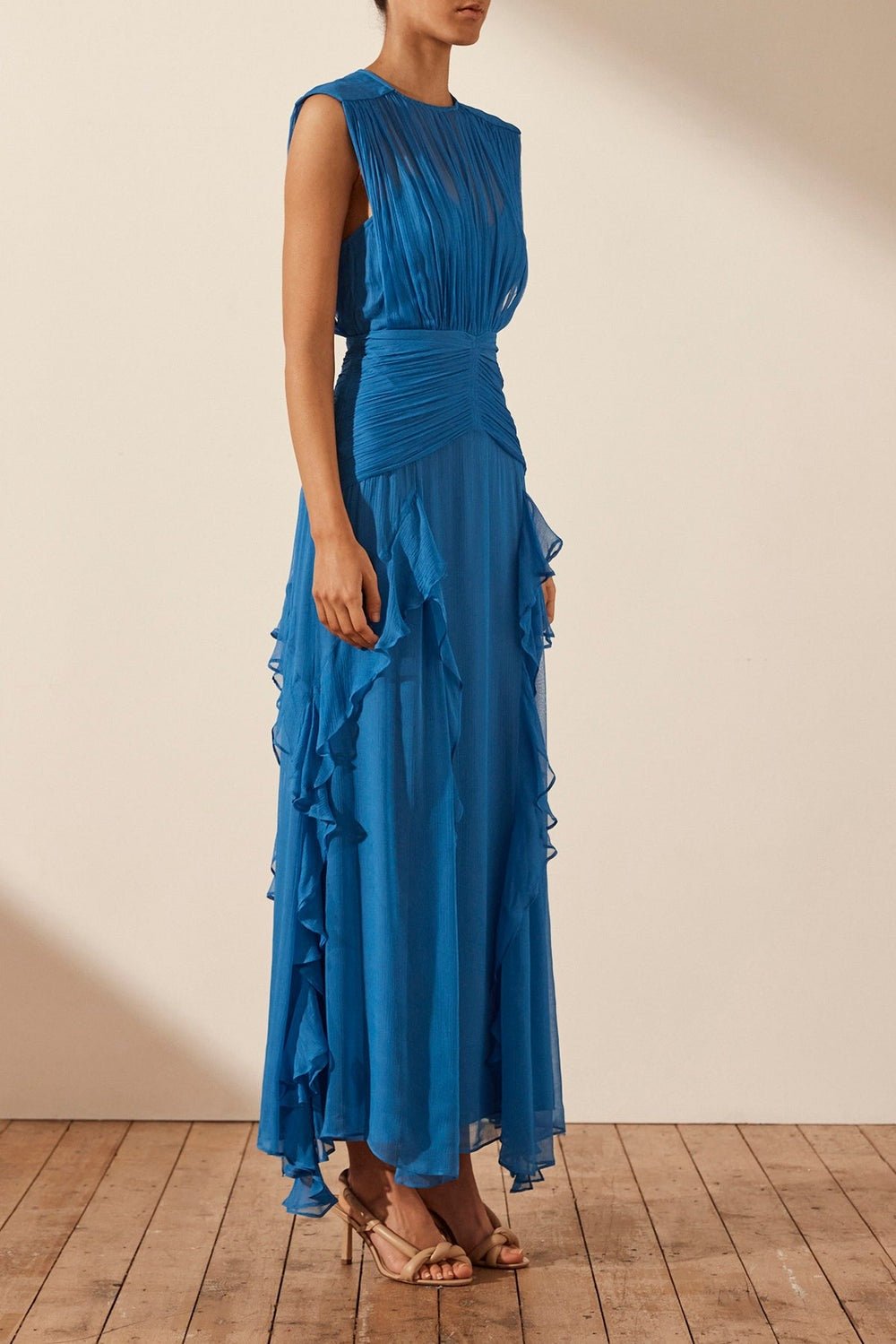 Reina Exclusive Pleated Round Neck Maxi Dress with Ruffles Boutique Edit