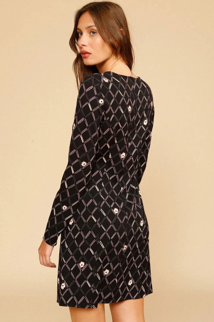 Refined Argyle Floral Print French Long Sleeve Mini Dress - Black