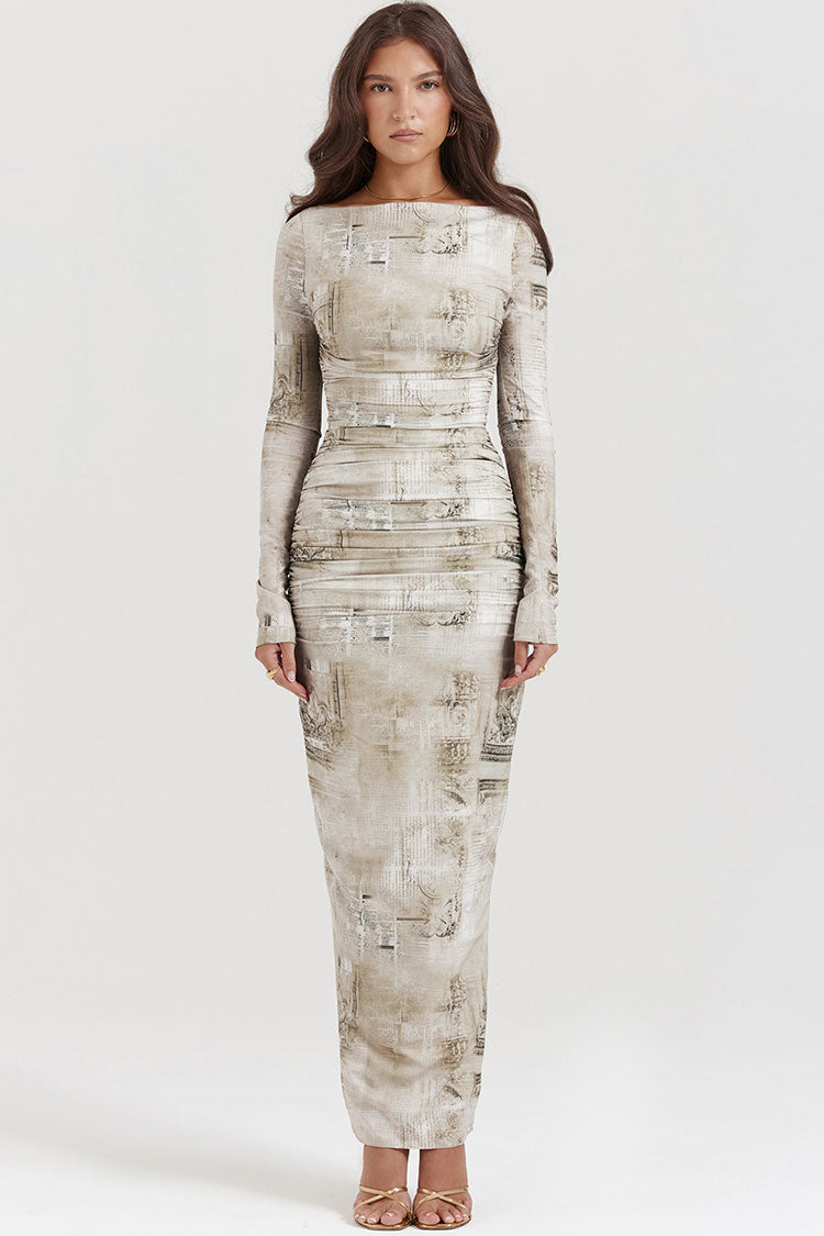 Chic Boat Neck Long Sleeve Ruched Fit Printed Evening Maxi Dress - Sage Green