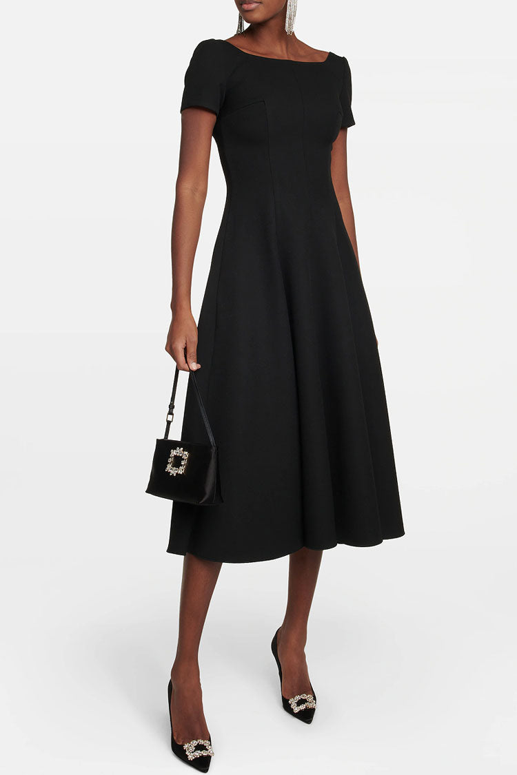 Graceful Boat Neck Short Sleeve U Back Cocktail Party Midi Dress - Black