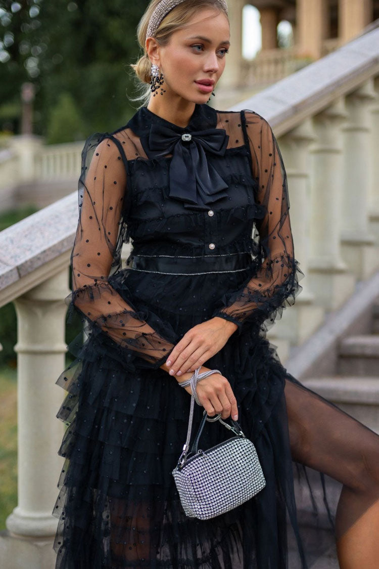 Refined Bow Tie Collared Glitter Dotted Tulle Tiered Ruffle Gown Dress - Black