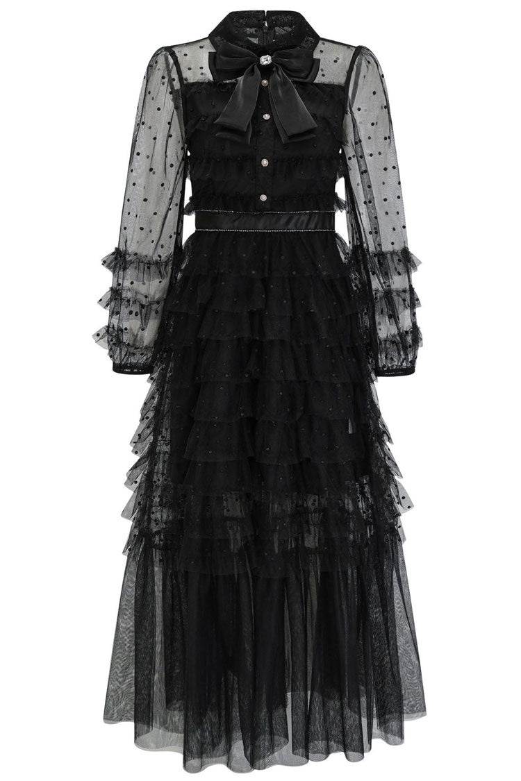 Refined Bow Tie Collared Glitter Dotted Tulle Tiered Ruffle Gown Dress - Black