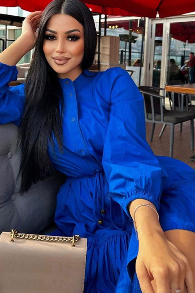Sophisticated Button Down Bishop Sleeve A line Ruffle Shirt Mini Dress - Royal Blue