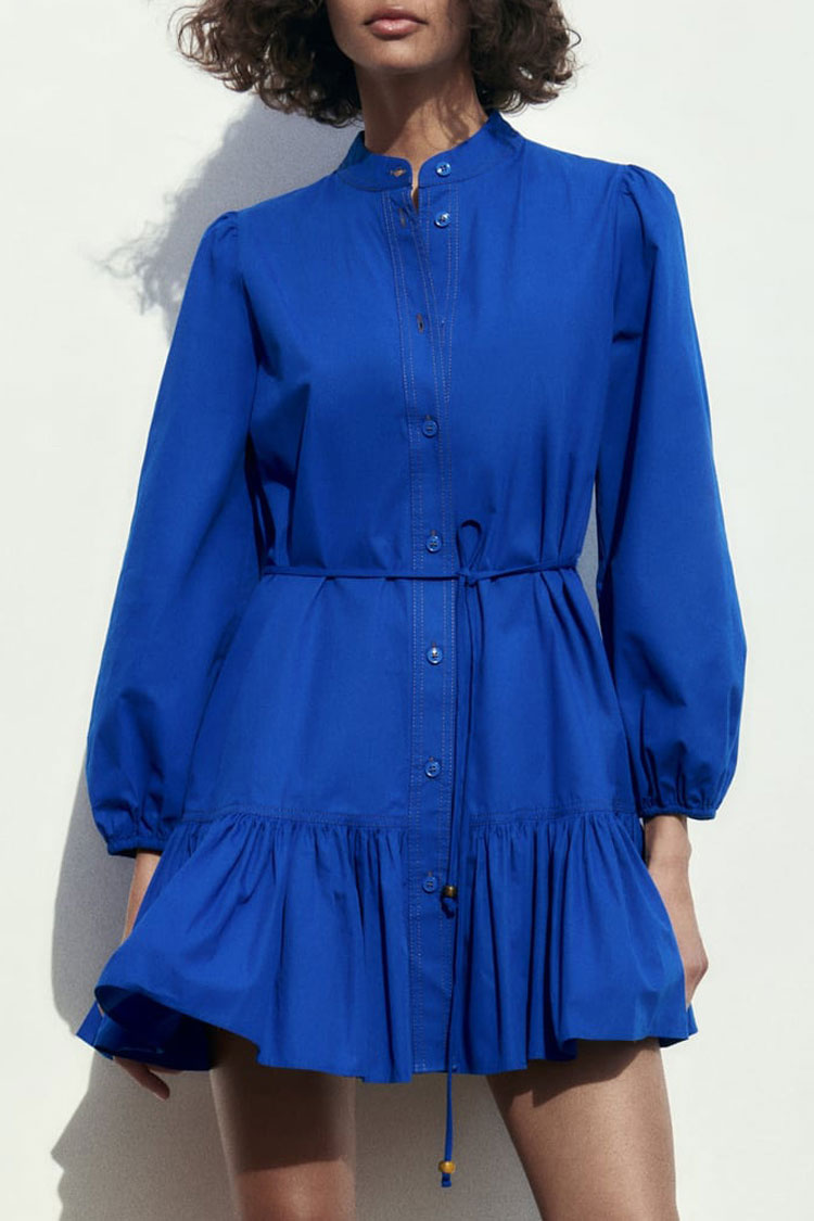 Sophisticated Button Down Bishop Sleeve A line Ruffle Shirt Mini Dress - Royal Blue