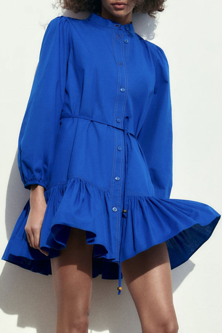 Sophisticated Button Down Bishop Sleeve A line Ruffle Shirt Mini Dress - Royal Blue