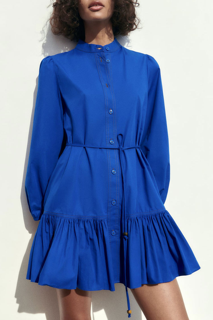 Sophisticated Button Down Bishop Sleeve A line Ruffle Shirt Mini Dress - Royal Blue