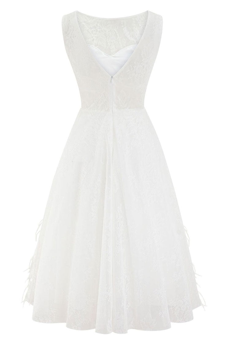 Graceful Crew Neck Sleeveless Beaded Feather Cocktail Party Midi Dress - White